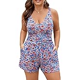 Plus Size Swim Romper Women One Piece Swimsuit Tummy Control Bathing Suit Modest Full Coverage Swimwear with Shorts Pockets