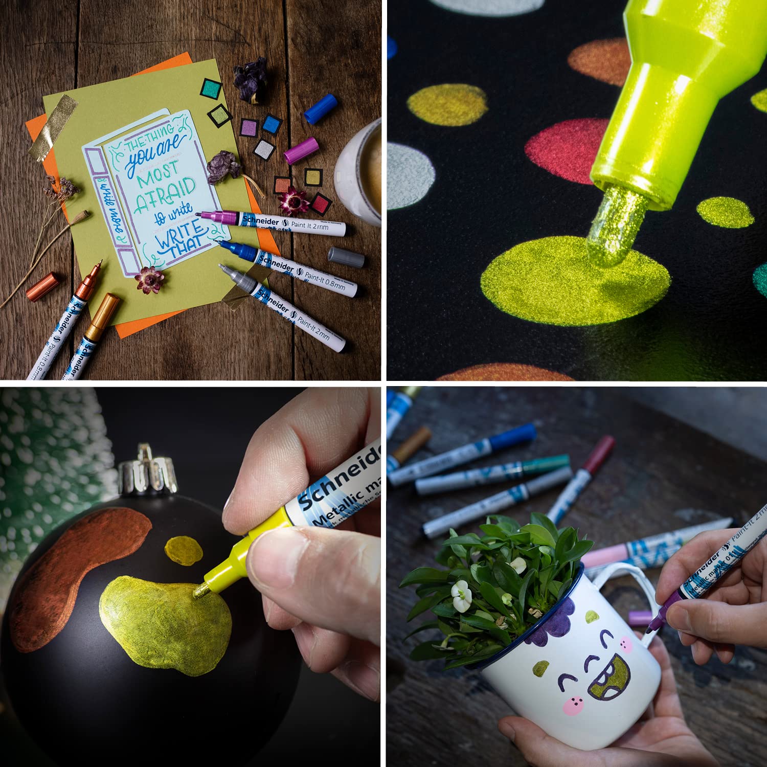 Schneider Paint-It Metallicmarker 4er Set (Set 1, Strichstärke 2 mm, neue Pigmenttechnologie, starker Glitzereffekt) blau, grün, rot, gelb 4