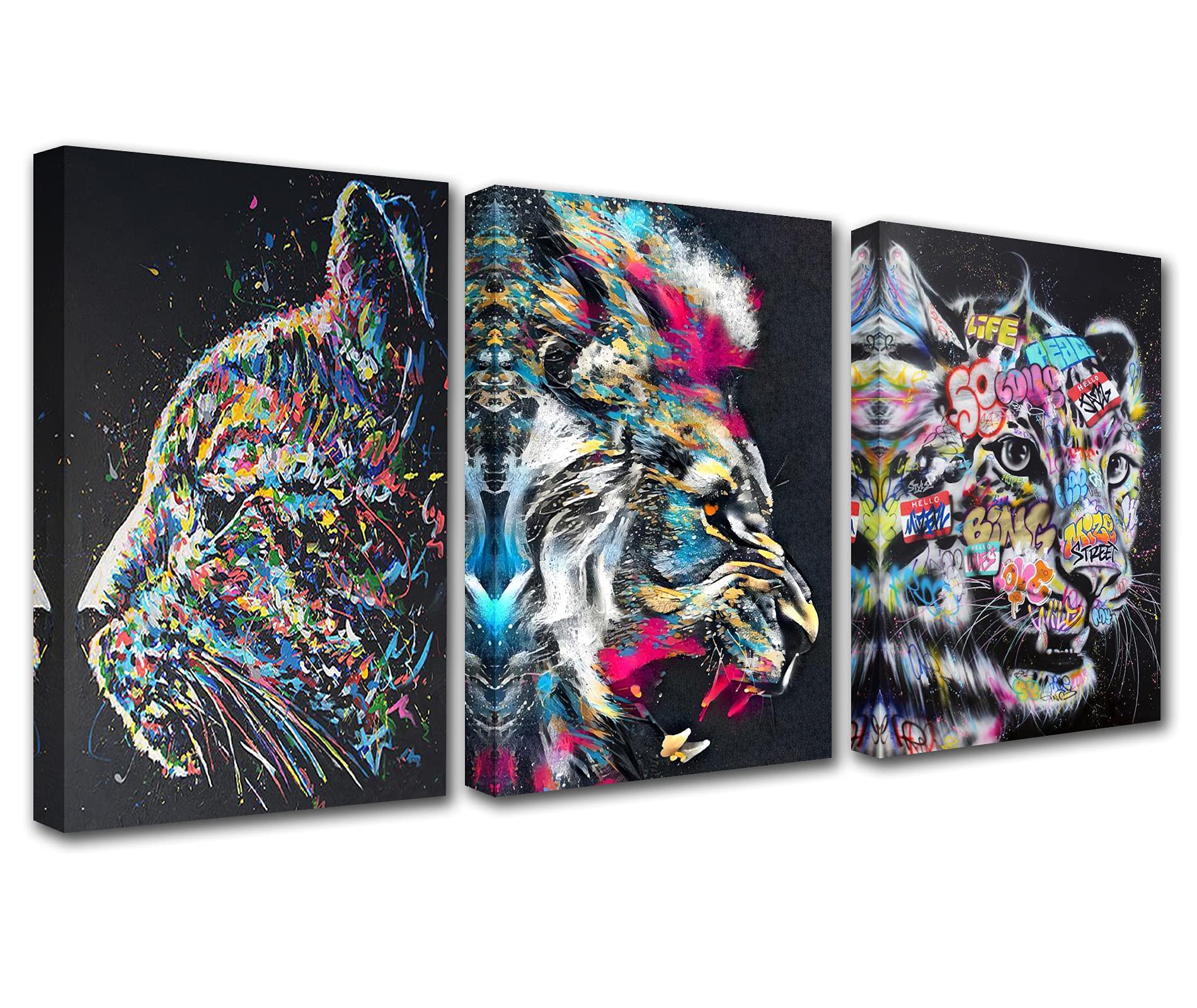 Classic Banksy Street Art Decor Abstract Graffiti Pictures Tigar and Cat Pantings Holwing Wolf Artwork 3 Panels Prints Canvas Wall Art Living Room Home Modern Decor Framed Ready to Hang(48''Wx 24''H)