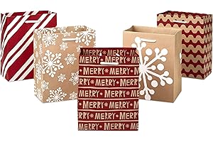 Hallmark 6" Small Holiday Gift Bag Set (Pack of 5; Red, White and Kraft) Snowflakes, Stripes, Merry (5XGB1798)