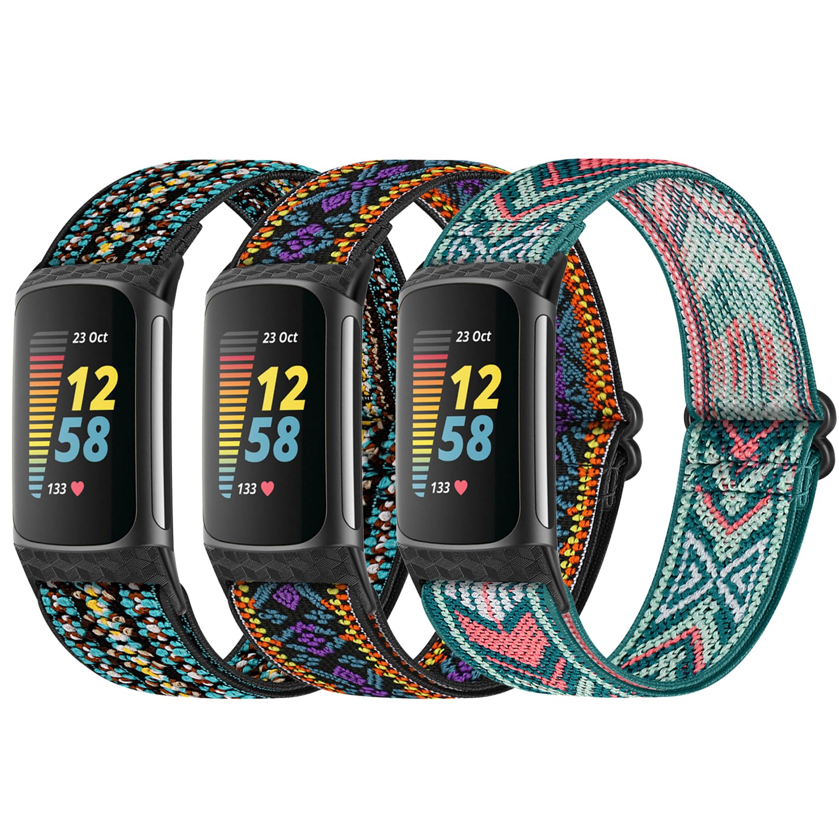 HUYIIO 3 Pack Adjustable Elastic Watch Strap Compatible with Charge 5 Straps, Soft Breathable Nylon Sport Band Stretchy Replacement Wristband For Women Men (Boho Purple, Boho Blue, Boho Arrow) — image 1