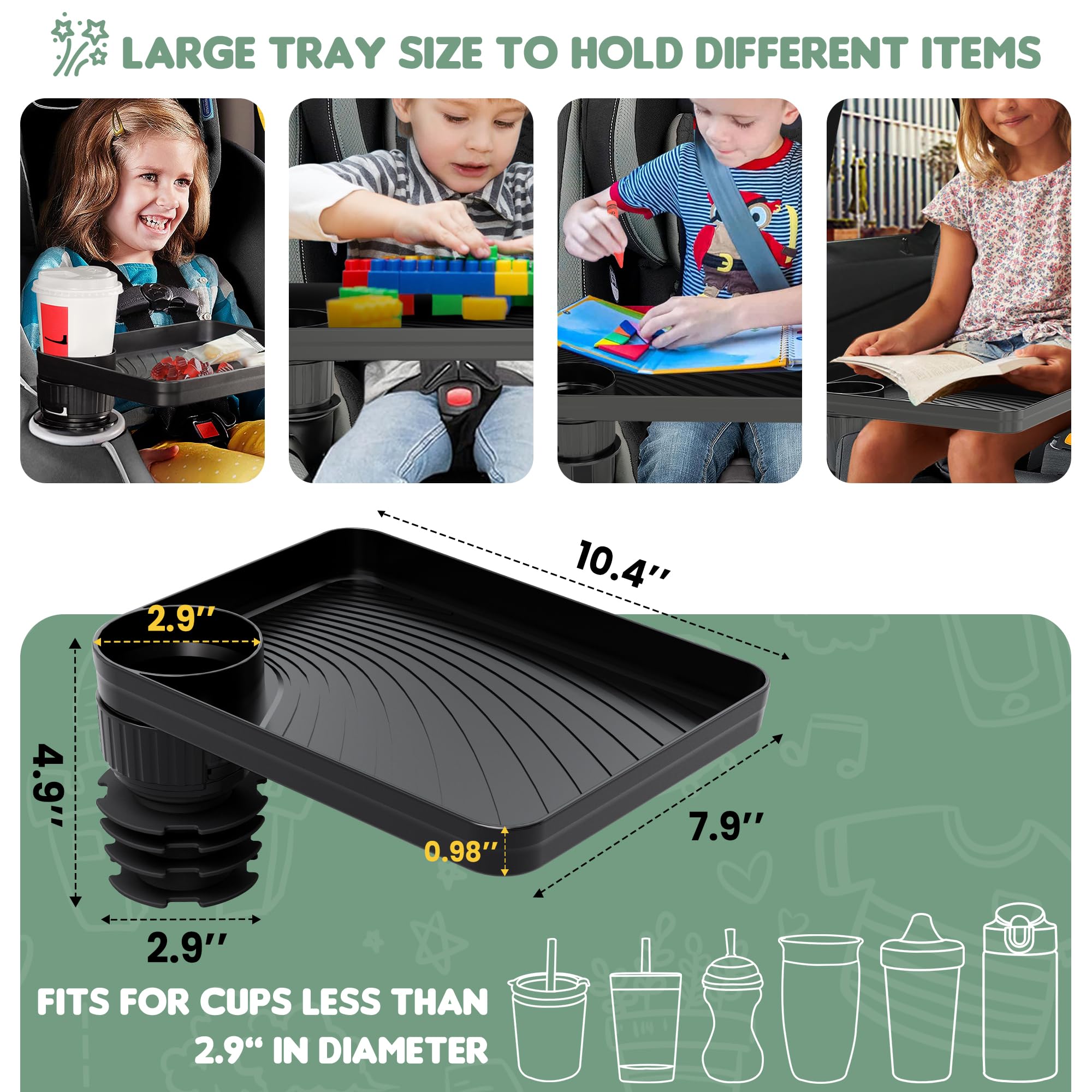 Upgraded Car Seat Tray for Kids Car Seat Tray with Expandable Base for Snacks, Toys, Books, Entertainment Kids Travel Essentials Fits 2.8''-3.2'' Cup Holders (1, Standard Base)