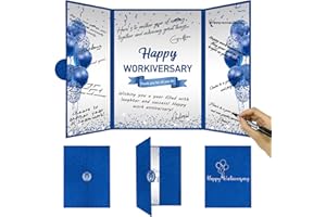DARUNAXY Blue Silver Happy Workiversary Party Decorations, Navy Blue Happy Work Anniversary Alternative Signature Guest Book for Men Women Employee Business Gifts Signing Card Board for Office Supply
