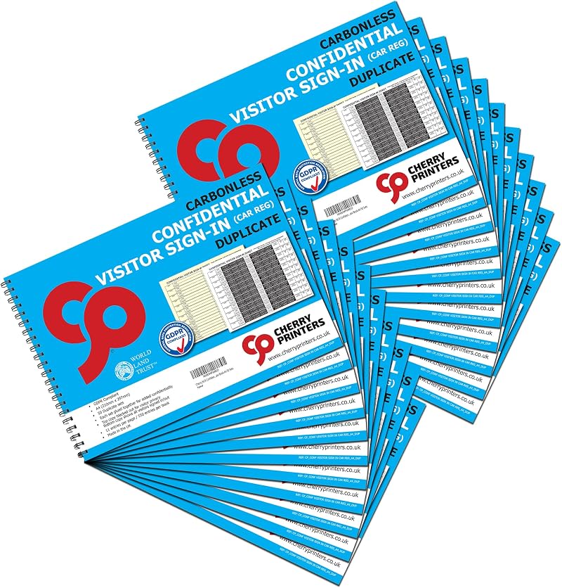 Cherry Printers Confidential Visitor Sign In Book Car Reg A4 50 Sets 20 Pack