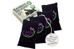 CALLABURST Bamboo Charcoal Bags Odor Absorber - Activated Charcoal Air Purifying Bag with Rope Hanger, Odor Eliminator for Car, Closet, Basement, Strong Odor, Charcoal Deodorizer Bags, 60gm Rope Hanger (4-Pack)