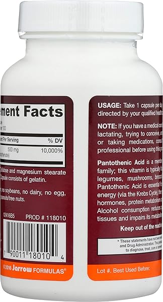 JARROW FORMULAS, PANTOTHENIC ACID B5, 100 CAPS