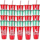Tioncy 30 Pcs Christmas Plastic Cups with Lids and Straw Bulk, Reusable Christmas Plastic Cups 25 Oz, Christmas Drinking Cups for Juice Coffee Cold Drinks Christmas Party Supplies, 10 Styles