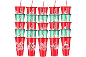 Tioncy 30 Pcs Christmas Plastic Cups with Lids and Straw Bulk, Reusable Christmas Plastic Cups 25 Oz, Christmas Drinking Cups for Juice Coffee Cold Drinks Christmas Party Supplies, 10 Styles