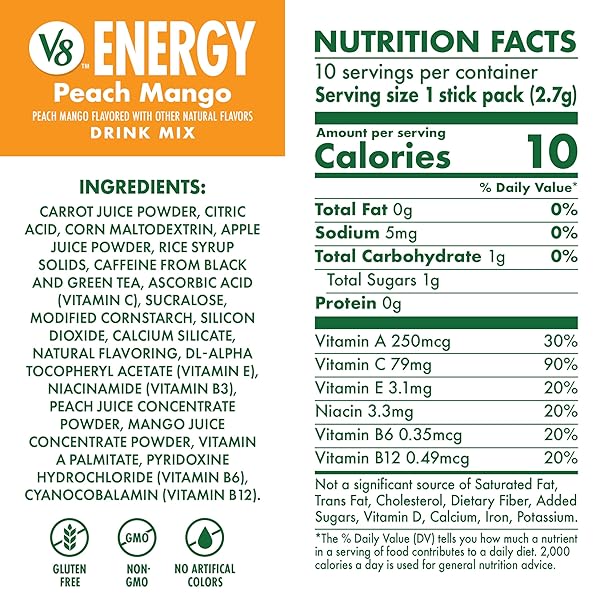 V8 ENERGY PEACH MANGO ENERGY DRINK POWDER, .10 OZ PACKET (10 COUNT)