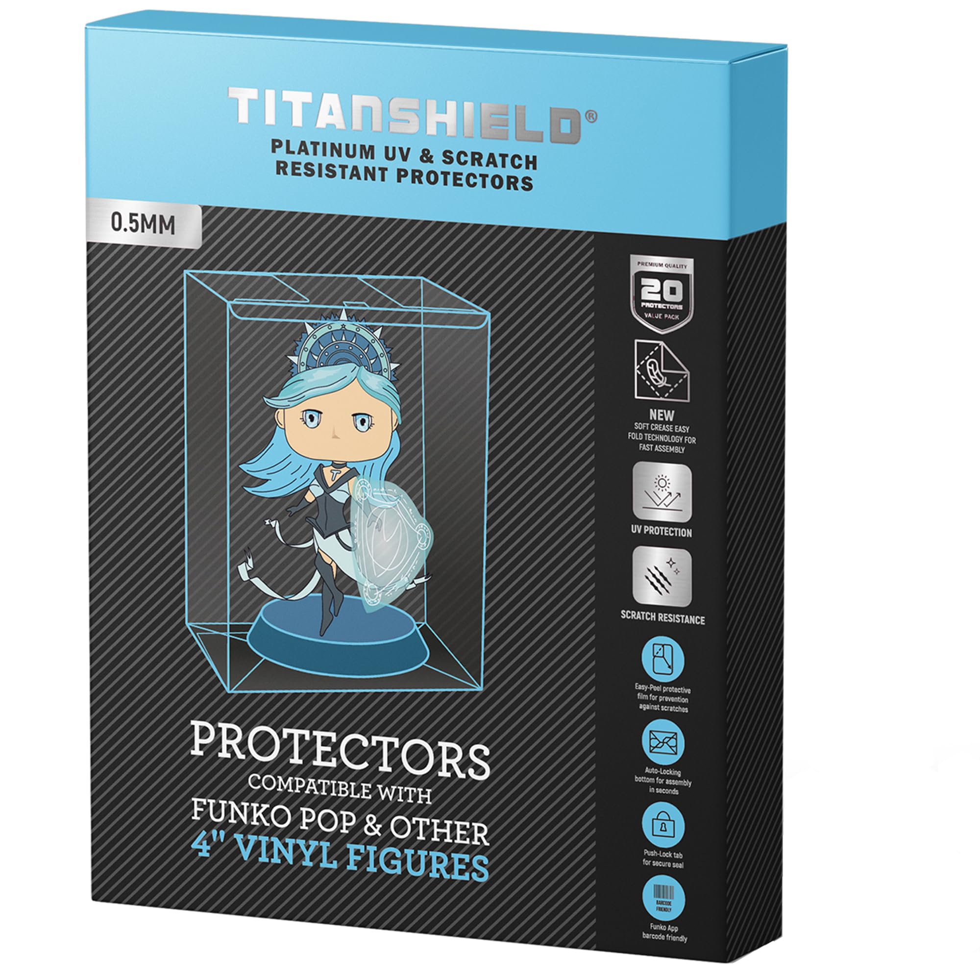 TitanShield 0.5mm Platinum UV and Scratch Resistant Pop Protectors Sleeve Case Compatible with Funko - 4" Inch Pop! Vinyl Figures (20 Count)