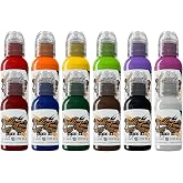 World Famous Tattoo Ink - 12 Primary Color Tattoo Kit #1 - Professional Tattoo Ink in Color Assortment, Includes White Tattoo Ink - Skin-Safe Permanent Tattooing - Vegan &amp; Non-Toxic (1 oz Each)