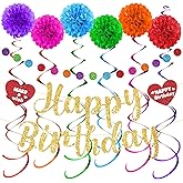 Rainbow Birthday Party Decorations Colorful Happy Birthday Banner with Paper Pom Pom Hanging Swirls Streamers Circle Dots Garland Happy Birthday Party Decorations for Women Men Boys Girls