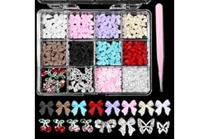 Uotey 3D Bows Nail Charms, Pink Color White Red Black Bows Flowers Pearls Nail Charms, Mixed Color Nail Charms Butterfly Cherry Alloy Silver Nail Art Gems Charms for Nail Art Decor Accessories DIY