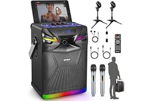 GEYGUY GPSK-1 DSP Bluetooth Karaoke Machine with Live Streaming Function, Portable PA System with 2 Wireless Microphones - as Projector Speaker with Sound Effect/DJ Lights/FM/Digital Recording (6.5 inch)
