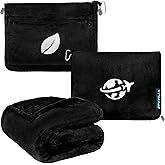 PAVILIA Travel Blanket and Pillow, Arms Opening Airplane Blankets for Adults, Compact Plane Blanket with Arm Hole 2-in-1 Bag for Flight Car Camping Fit in Luggage Backpack Traveler Gift, Black