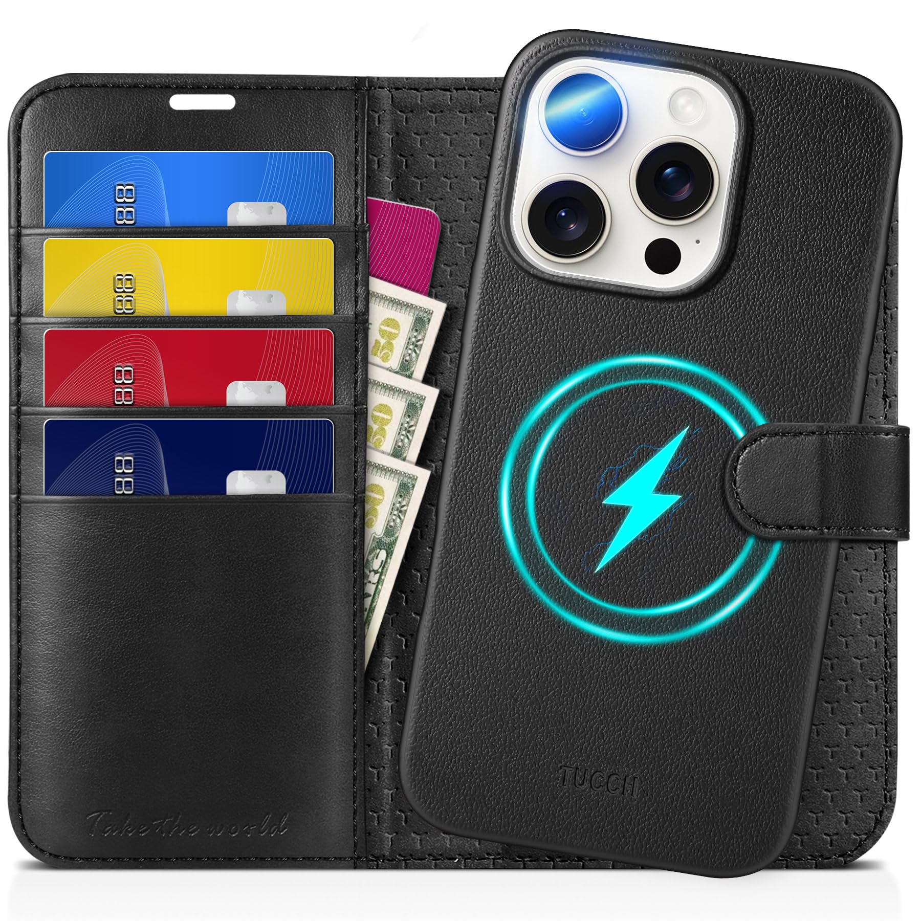 TUCCH Case for iPhone 16 Pro (6.3"), Magnetic[2-in-1]Detachable PU Leather Wallet Case with[RFID Blocking][Wireless Charging][Card Holder][Kickstand]Shockproof Removable Protective Folio, Full Black