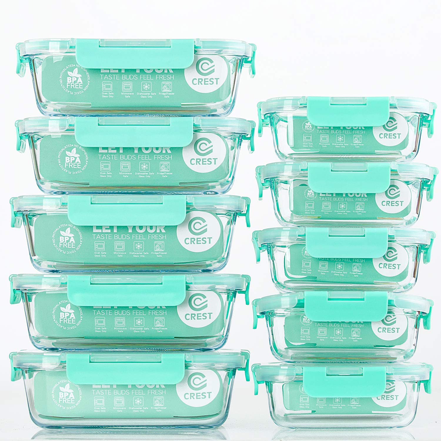 CREST [10-Pack] Glass Food Containers With Lids, Airtight Glass Meal Prep Containers, Leak Proof, Microwave & Freezer Safe