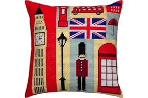 Brvsk Needlepoint Kit for Adults and Beginners — London Souvenirs 16″ × 16″ with Clear, Precise Printed Design on Cotton Canvas; Includes 2 Needles, Yarn, and Easy-Read Chart