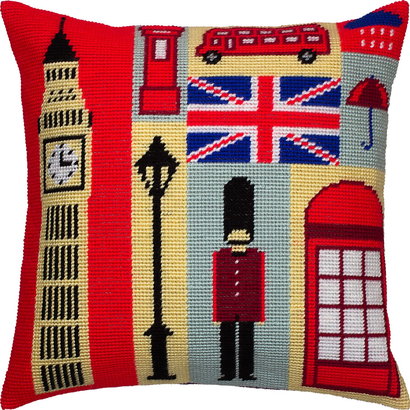 Brvsk London Souvenirs. Needlepoint Kit w/Printed Tapestry Canvas (40 × 40 cm) — Needlepoint Cushion Kit for Creative Home Décor — Needlework Kit for Adult Beginners