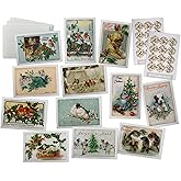 Cute Animals Vintage Christmas Cards on Luxury Antique Textured Cardstock - 24 Antique Christmas Cards & Vintage Sticker Seals - 12 Assorted Retro Holiday Animal Book Illustration Cards