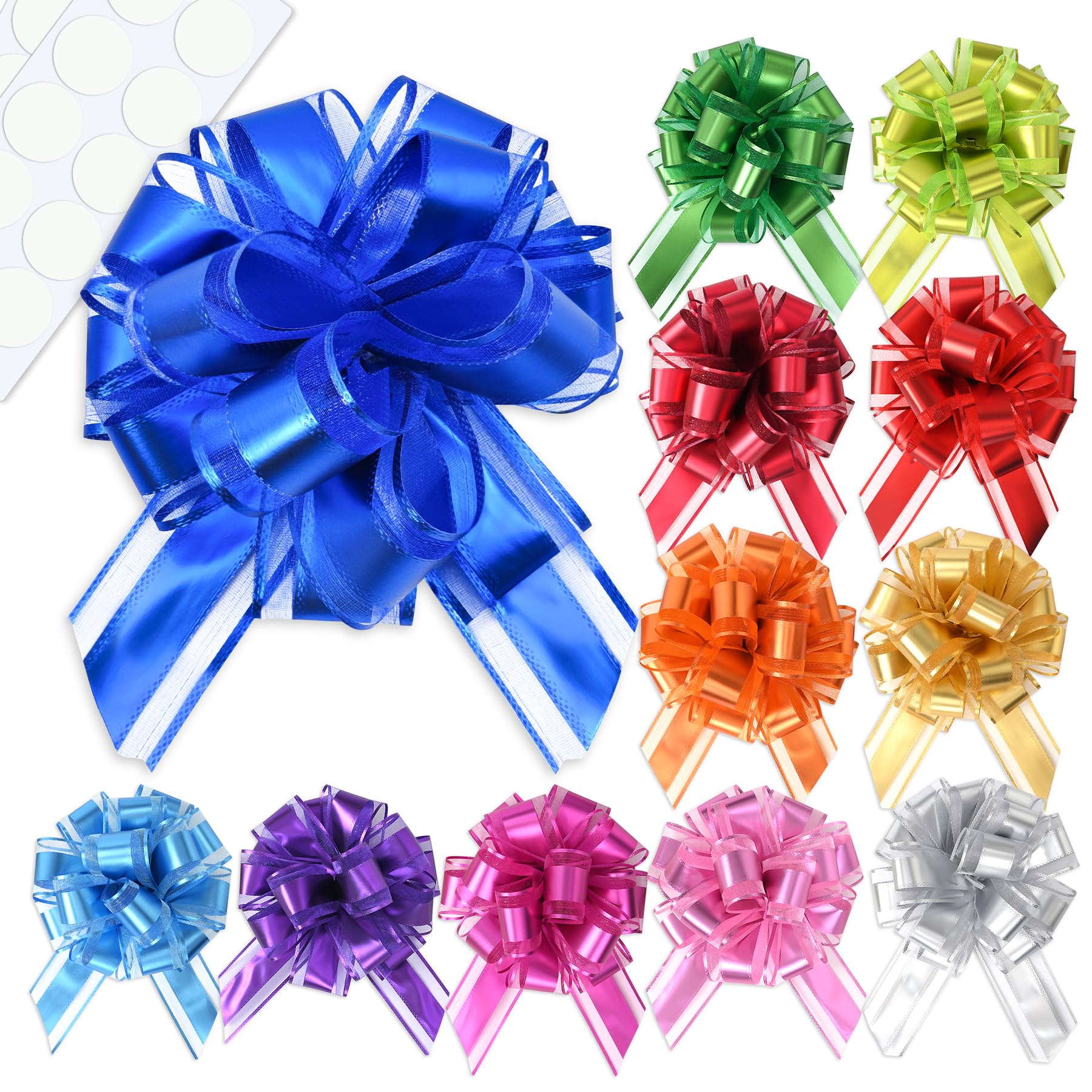 Photo 1 of 12 PCS Pull Bows for Gift Wrapping, 7 Inch Extra Large Gift Bows Multiple Colors with 20 Self-Adhesive Dots, Reusable Ribbon Bows for Wrapping Boxes, Baskets, Weddings, Birthdays & Flower Decorations