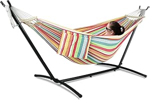 gafete Double Hammock with Stand for Outside, Upgraded Spreader Bar, Heavy Duty Space Saving Steel Stand 2 Person, Side Pockets, Easy Assembly, 600lbs Weight Capacity, Indoor & Outdoor (Salsa Orange)
