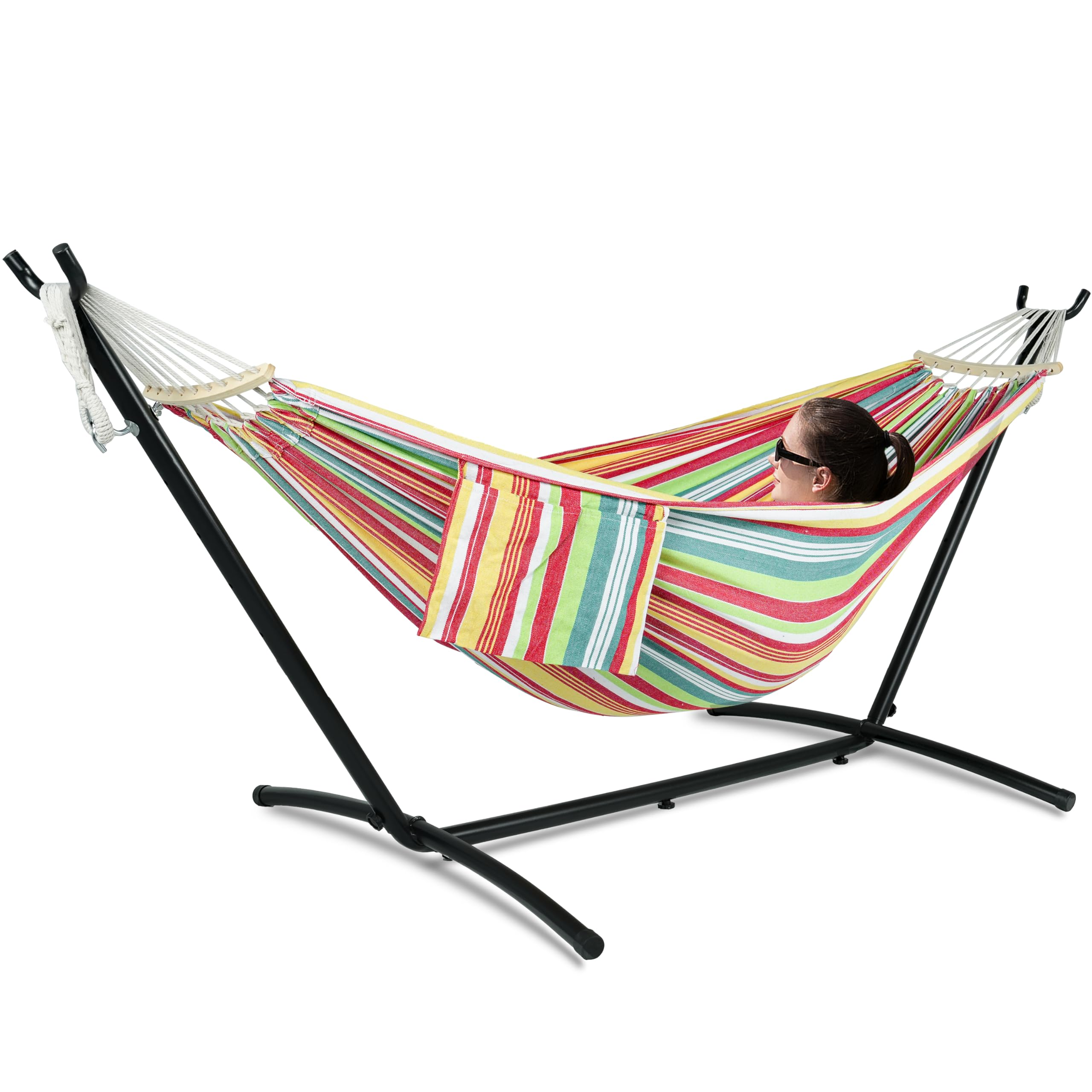 gafete Double Hammock with Stand for Outside, Upgraded Spreader Bar, Heavy Duty Space Saving Steel Stand 2 Person, Side Pockets, Easy Assembly, 600lbs Weight Capacity, Indoor & Outdoor (Salsa Orange) Image