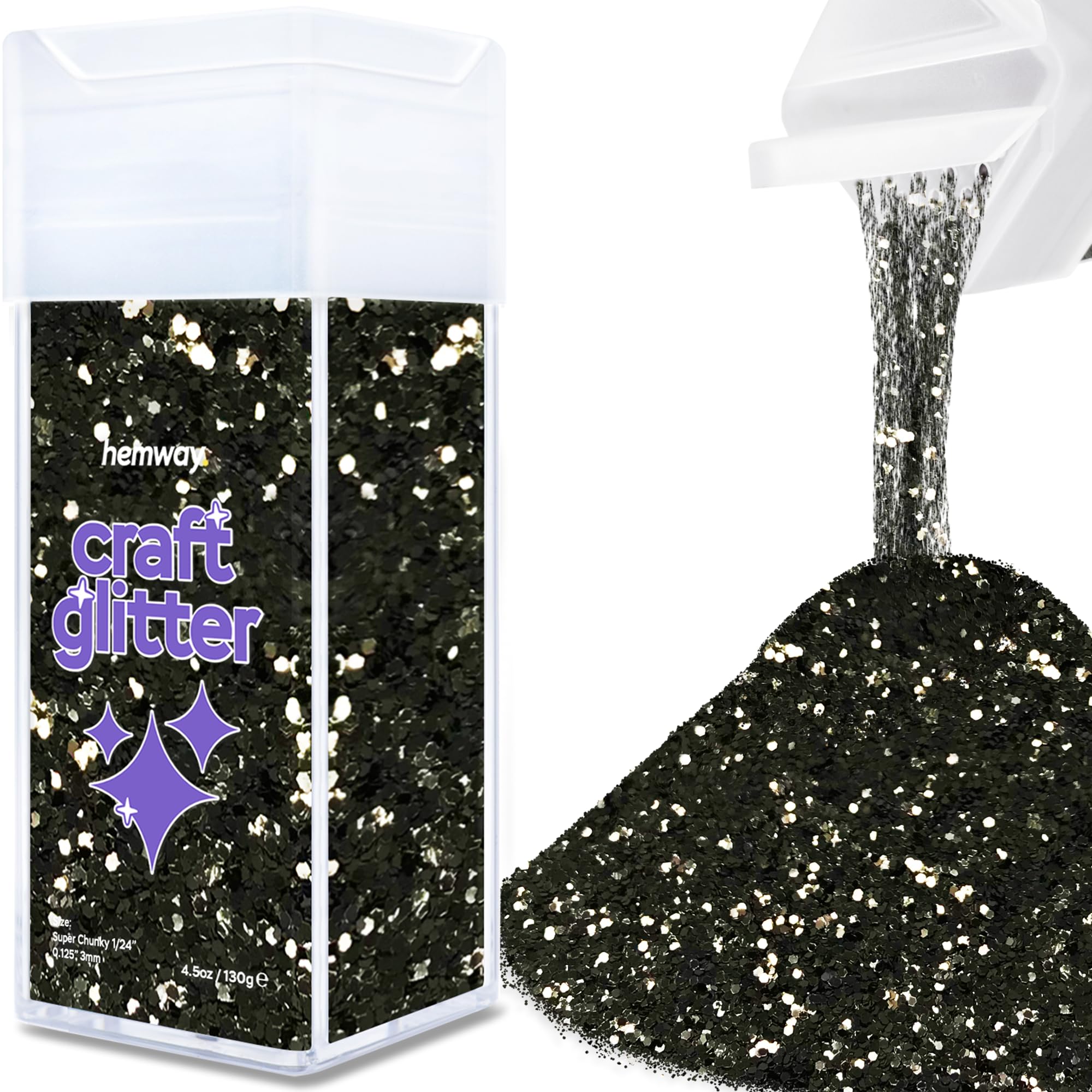 Hemway Glitter Shaker Black 110g Extra Chunky, Craft Glitter Shaker for Resin & Epoxy Crafts, Christmas Art Supplies, Nail, Body, Face, Eye, Festival, Crafting, Slime, Sparkle