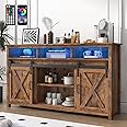 jiteentarou Farmhouse Coffee Bar Cabinet with Power Outlet, Rustic Sideboard Buffet Storage Cabinet with Storage, Wood Buffet Cabinet Serving Table Cupboard for Dining Room, Living Room, Rustic Brown