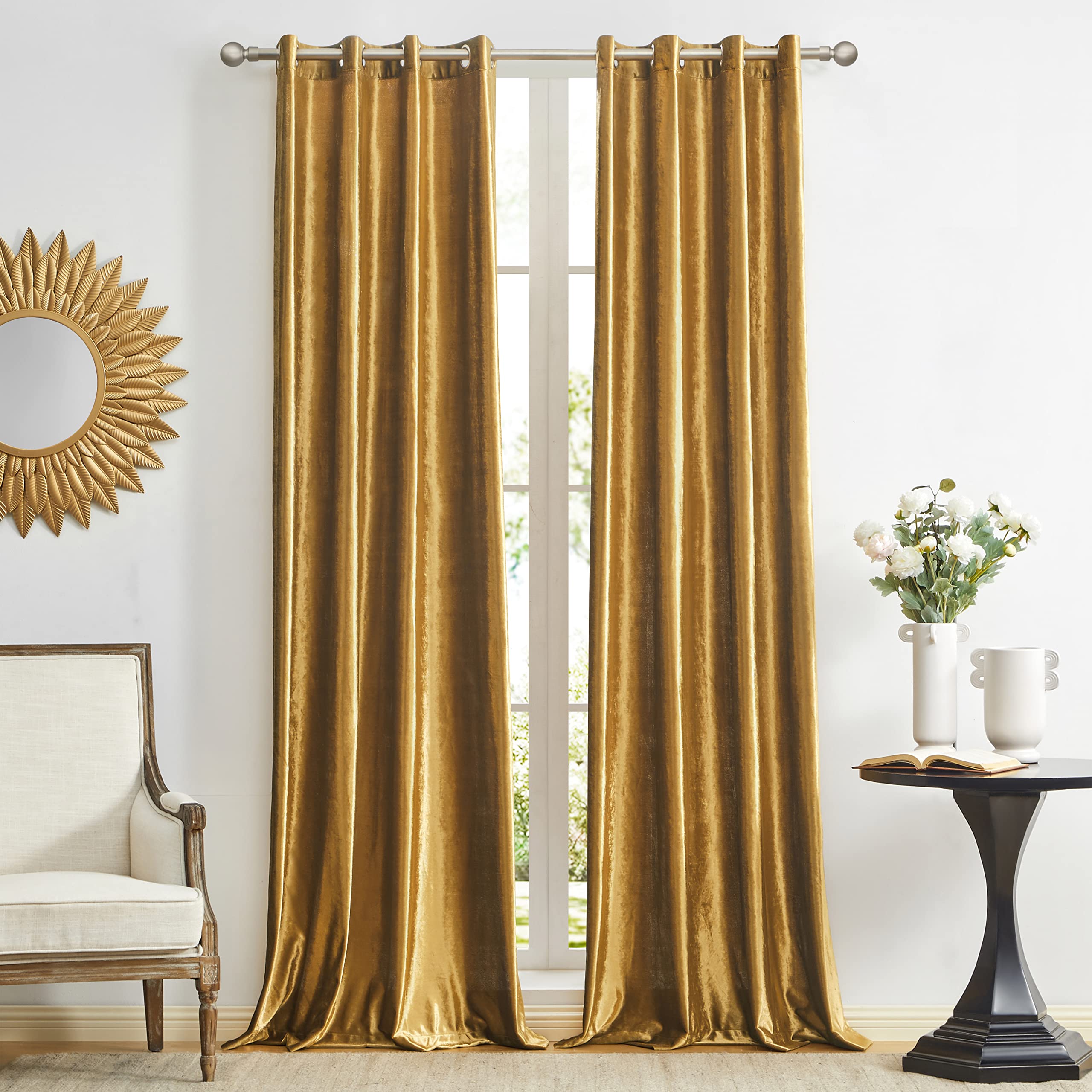 GIGIZAZA Gold Velvet Curtains 46 x 54 Inch(Width x Length),Living Room Eyelet Grommet Blackout Thermal Insulated Darkening Window Curtains Drapes for Bedroom 2 Panels