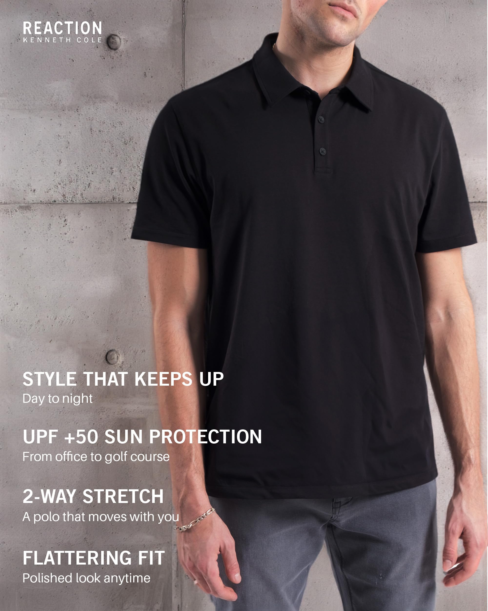 Kenneth Cole REACTION Polo Shirts for Men 3 Pack, UPF 50+ Men\'s Polo Shirts Short Sleeve (Black/HTGRY/Navy, Large)