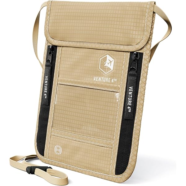 Cartera De Viaje Para El Cuello Con Protección RFID, Versátil Cartera Para Pasaporte, Bolsa Para Pasaporte Para Hombres Y Mujeres Con Correa Para El Cuello, Caqui, Estilo Mejorado