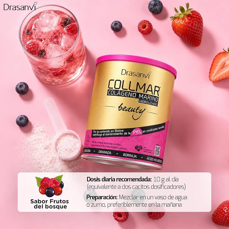 COLLMAR BEAUTY COLAGENO MARINO PARA LA PIEL, Colageno Hidrolizado con Vitamina C Natural, Biotina y Acido Hialuronico, Piel Bonita e Hidratada, Sabor Frutos del Bosque, 275 GR