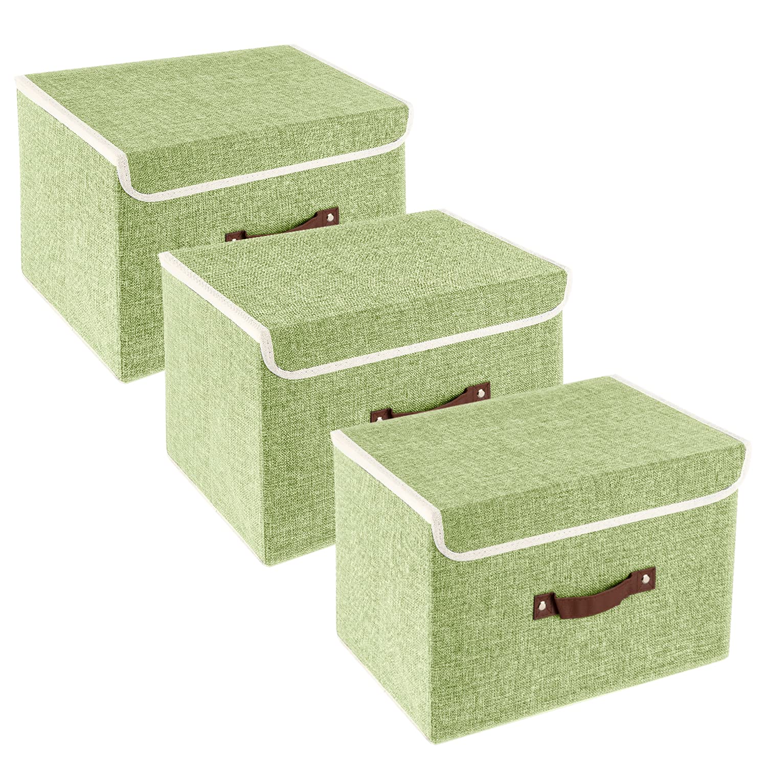 TYEERS Collapsible Storage Box with Lid, Fabric Storage Box for Clothes, Wardrobe Storage, 38x25x25 cm, Set of 3, Green