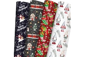 GIOLNIAY Christmas Wrapping Paper for Kids Boys Girls - Holiday Wrapping Paper Bundle with Gnomes, Red Stockings, Santa, Xmas Train Designs - 6 Jumbo Sheets (28 x 40 inches), Easy to Store