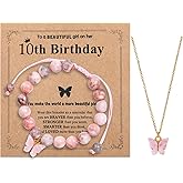 CHUNG Girls Natural Stone Beaded Bracelet Pink Butterfly Necklace 6-12 Years Old Birthday Gifts Christmas for Daughter Granddaughter Niece