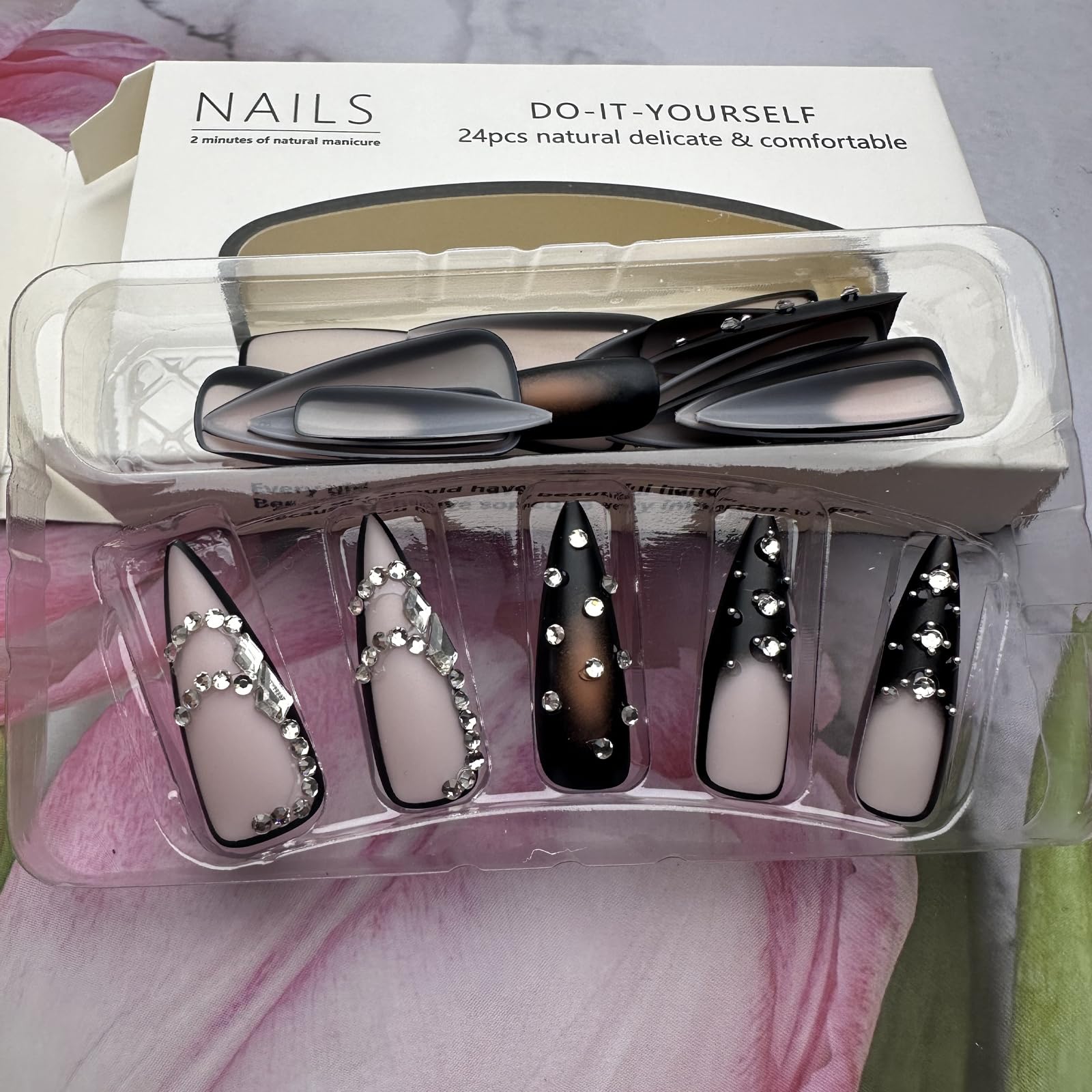 Brown Luxury Press On Nails - Long Stiletto Pointed Fake Nails with French Tips, Rhinestones, Sharp Goth Black Ombre Acrylic Designs, Glossy Glue On Nails for Women - 24Pcs - Image 5