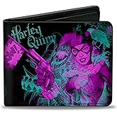 Buckle-Down mens Buckle-down Pu Bifold - Harley Quinn Pow + Aiming Poses/Joker Sketch Black/Turquoise/Fuchsia Wallet, Multicolor, One Size US