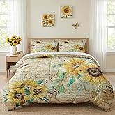 WeCozy King Size Comforter Set with 2 Pillowcases, Flower Rustic Thanksgiving Soft 3 Pcs Bedding for Kids and Adults, Sunflower Floral Yellow Comforter Set for Bedroom Bed Decor