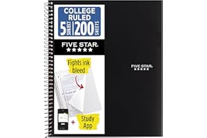 Five Star Spiral Notebook + Study App, 5 Subject, College Ruled Paper, 11 inches x 8-1/2 inches, 200 Sheets, Black, 1 Count (