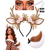 Leelosp Deer Costume Antler Headband Tail Set with UV Marker, Hair Clips | Gold Flower Reindeer Ear, Faux Fur Tail, Woodland 