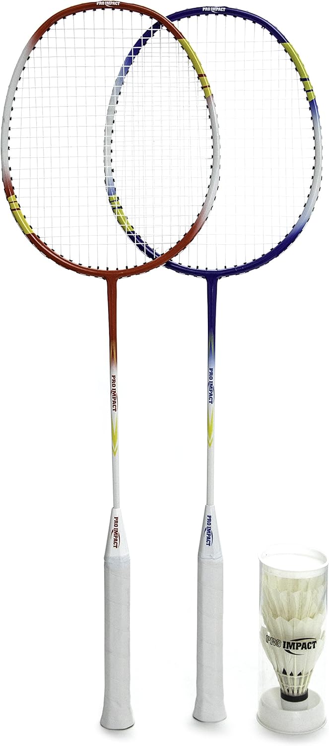 Pro Impact Badminton Set Aluminum Head w/Steel Shaft - Includes Rackets, Feather Shuttlecocks & Carry Case Outdoor Games for Kids Adults Family (2 Rackets, 3 Shuttles and Cover) : Sports & Outdoors