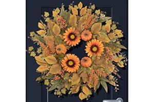 JDKPK Fall Wreaths for Front Door 24 Inch Thanksgiving Autumn Wreath with Artificial Pumpkin Eucalyptus Sunflower Leaves Harvest Halloween Decorations Porch Farmhouse Outdoor Indoor Home Hanging Decor
