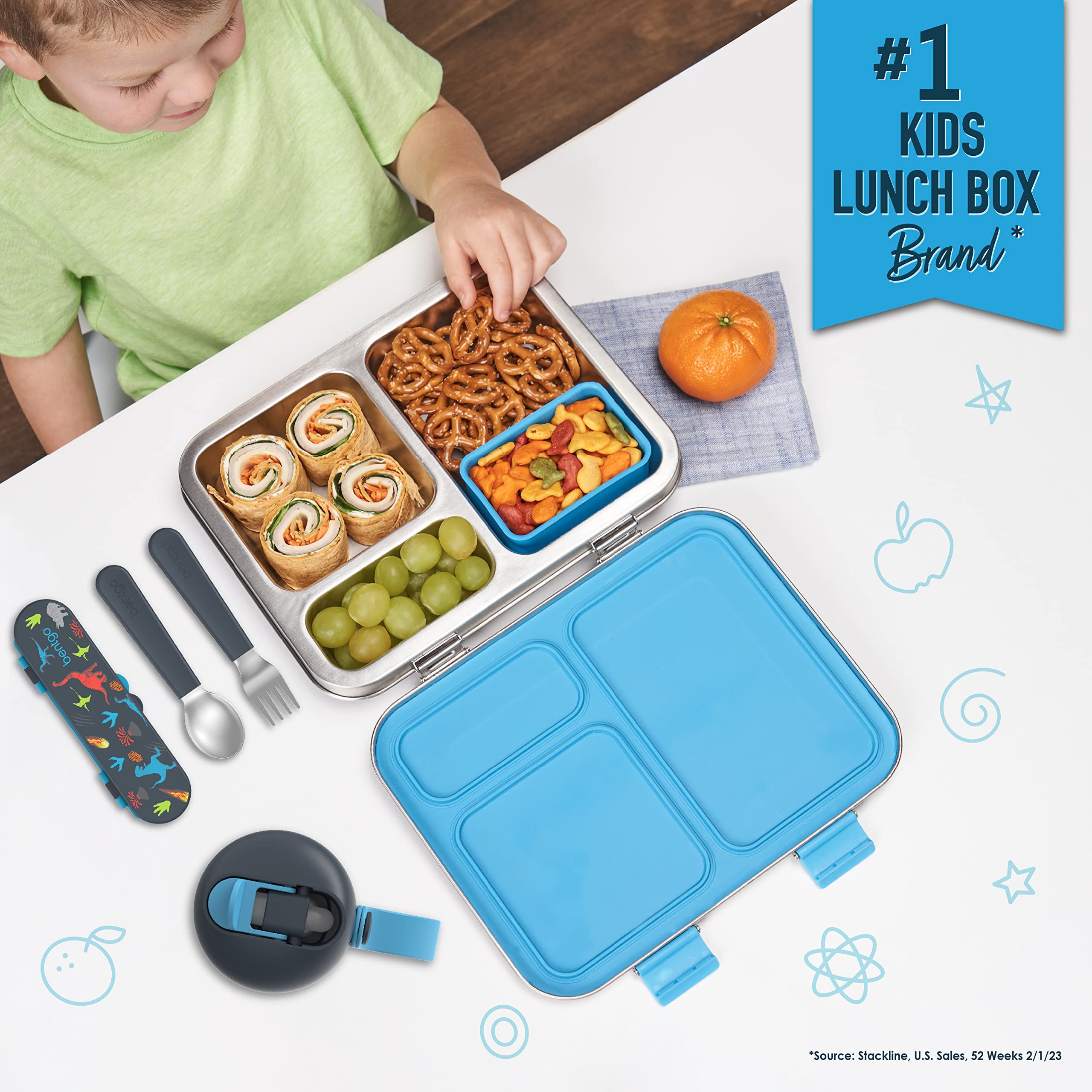 Bentgo Kids Stainless Steel Prints Leak-Resistant Lunch Box - 3-Compartments with Bonus Silicone Container, Durable, Eco-Friendly, Dishwasher Safe, BPA-Free, Ideal for School, Ages 3+ (Dinosaur)
