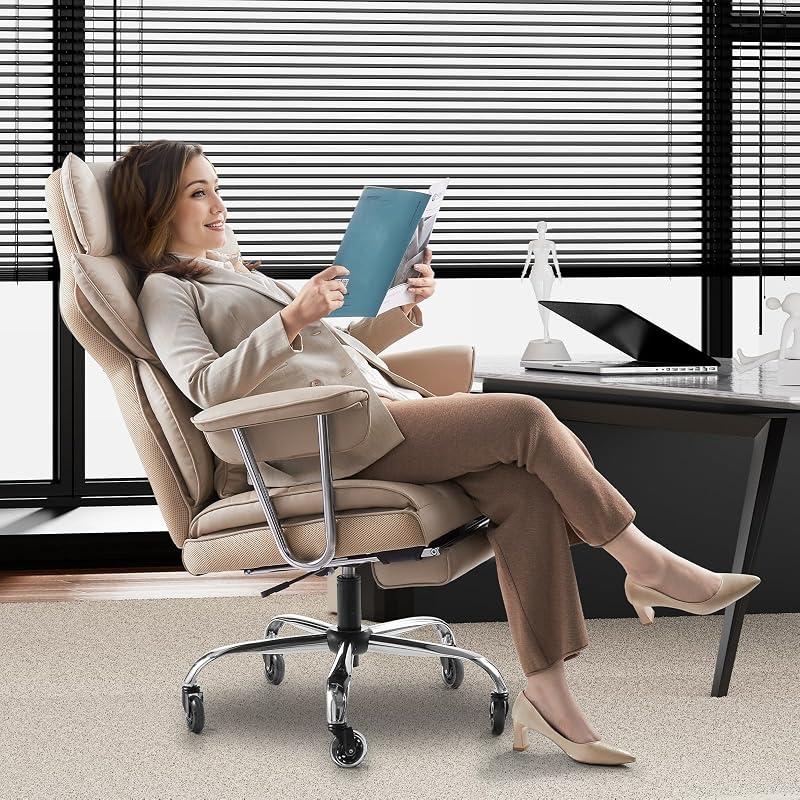 Silla de Ejecutiva de Oficina con Respaldo Alto Reposapiés Silla de Escritorio Ergonómica con Cojín de Espuma de Alta Resiliencia Silla Giratoria de Cuero PU para Trabajar, Estudiar, Marrón — foto 8 de 8