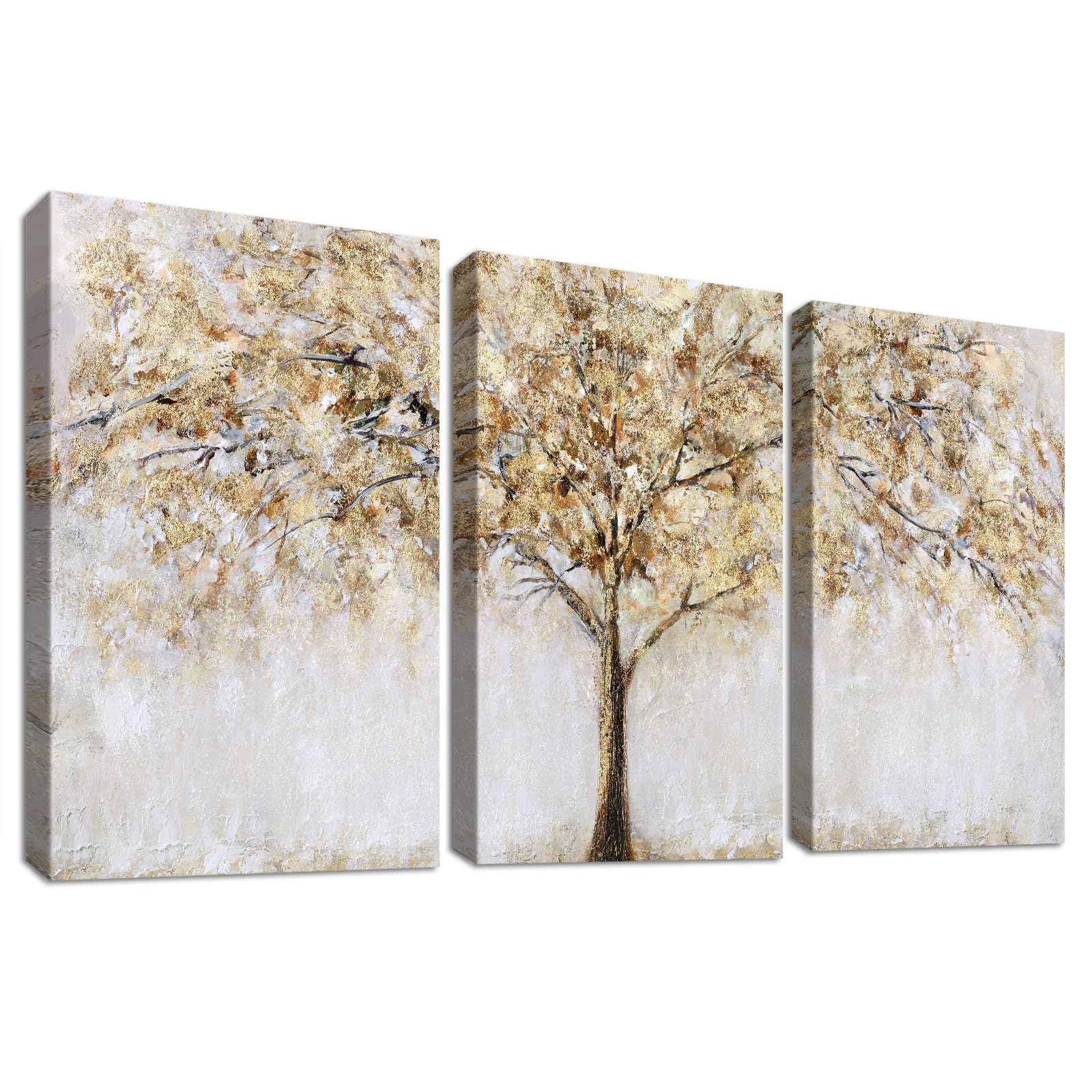 3 Panels Wooden Framed Tree Canvas Wall Art Beige Abstract Painting on Canvas Prints Poster Pictures for Living Room Bedroom Bathroom Dinning Room Hallway Home Office Wall Decoration 30x40cm x3pcs
