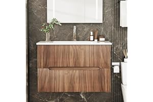 EROMMY 30 Inch Bathroom Vanity with Sink, Floating Bathroom Vanity with Ceramic Basin, Wall Mounted Bathroom Sink Cabinet Set with Soft-Close 2 Drawers, Faucet & Pop Up Drain, Walnut