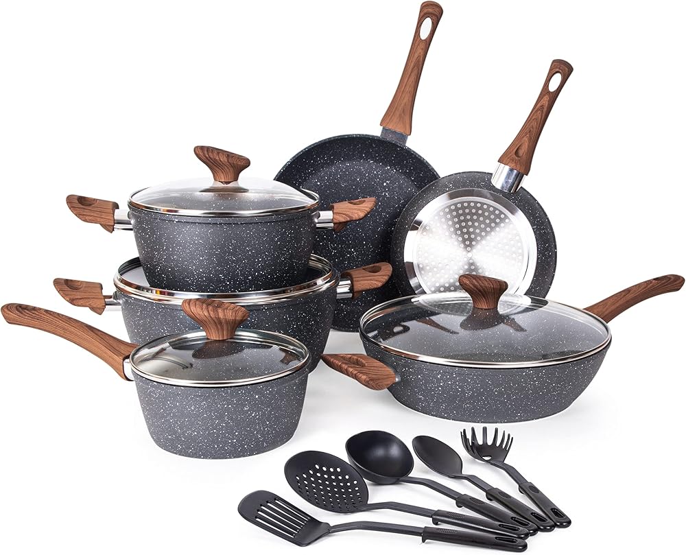 Nuovva Non-Stick Pots and Pans Set 15pc Induction Marble Finish Lids