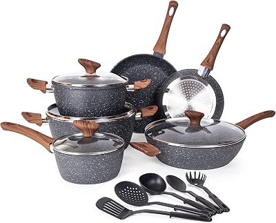 Nuovva Non-Stick Pots and Pans Set 15pc Induction Marble Finish Lids