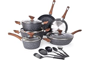 Non Stick Pots and Pans Set – Kitchen Cookware Set with Lid – Induction Hob Pots Set – 15pc Non Stick Cooking Set – Cooking Marble Saucepan Pots and Frying Pan – Juego de Ollas Para Cocina – by Nuovva